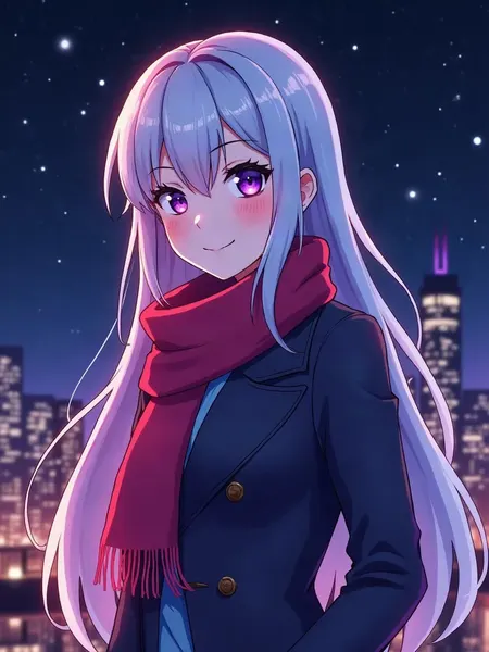 Character.AI: AI-generated illustration, anime-style female character with long silver hair and purple eyes, in a long coat, in front of a starry city