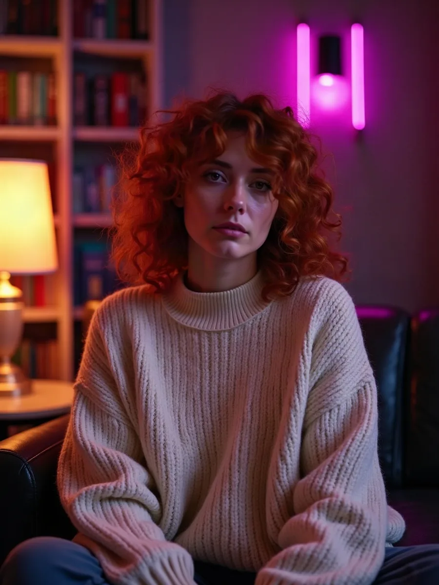 GirlfriendGPT: AI-generated illustration, redhead with curly hair in a chunky cream sweater, in a library with warm lamps