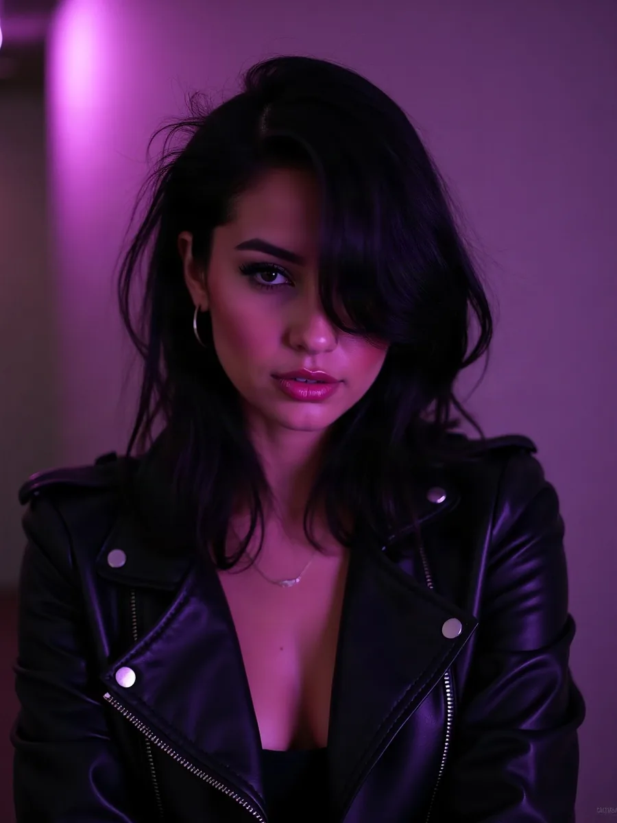 JOI AI: AI-generated illustration, woman with asymmetrical black hair in a leather jacket, in an industrial studio