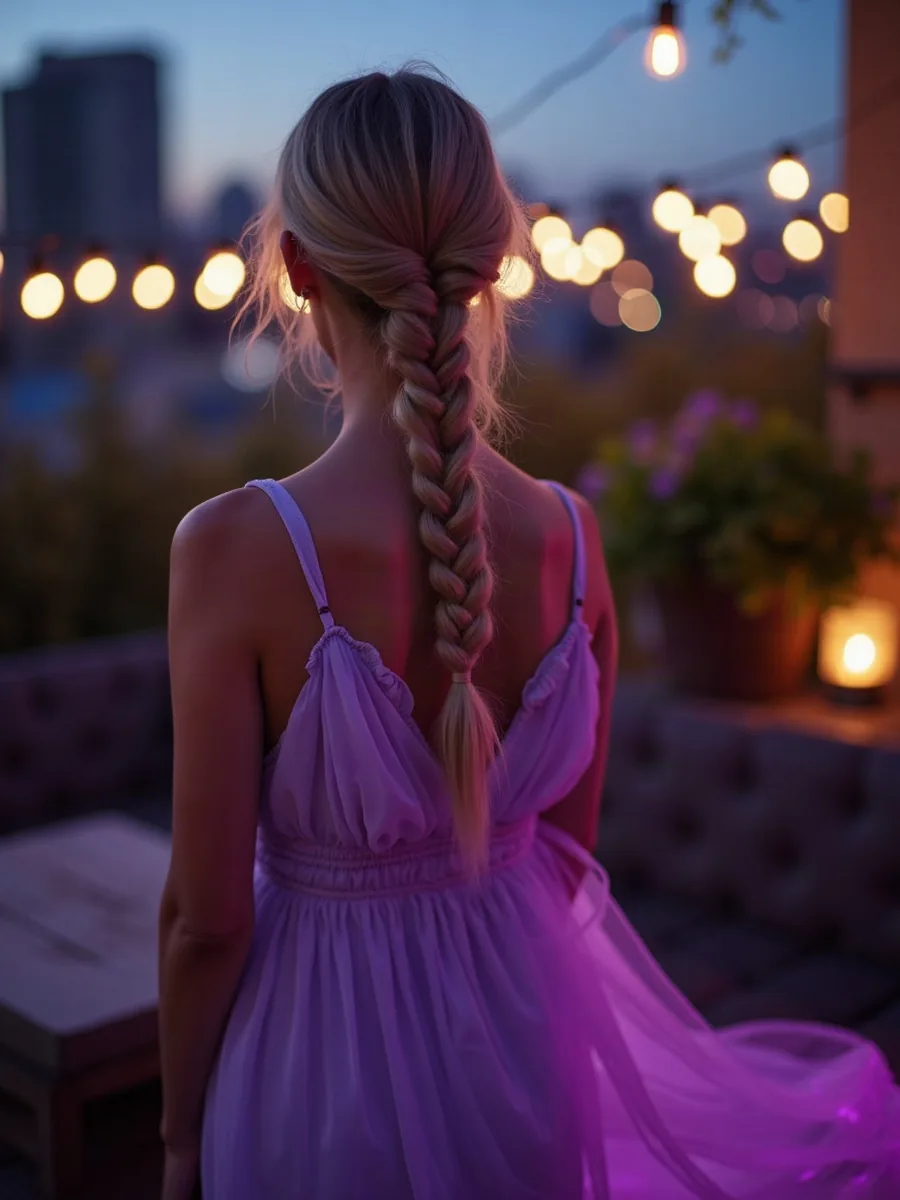 Lovescape: AI-generated illustration, woman with a honey-blonde braid in a lavender dress, on a rooftop garden decorated with string lights
