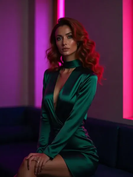 Nectar AI: AI-generated illustration, woman with wavy auburn hair in an emerald satin dress, in a dimly lit living room