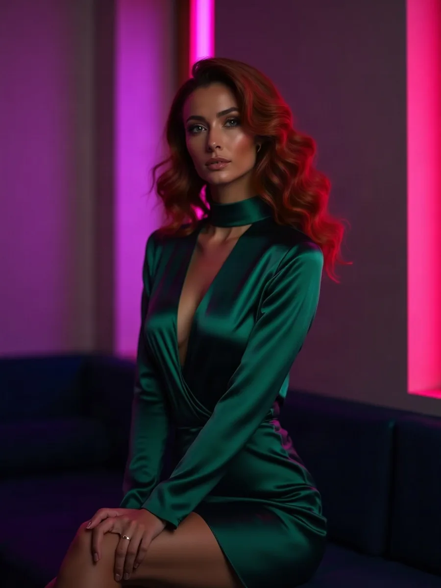 Nectar AI: AI-generated illustration, woman with wavy auburn hair in an emerald satin dress, in a dimly lit living room
