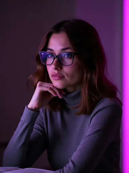 Nomi AI: AI-generated illustration, woman with shoulder-length brown hair and glasses in a gray turtleneck, in a reading nook