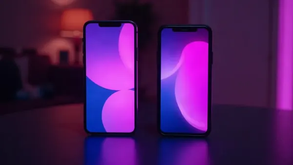 Two smartphones side by side on a dark table, purple screens (article illustration)