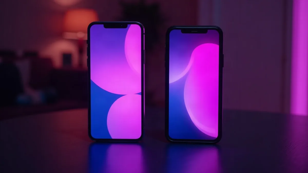 Two smartphones side by side on a dark table, purple screens (article illustration)