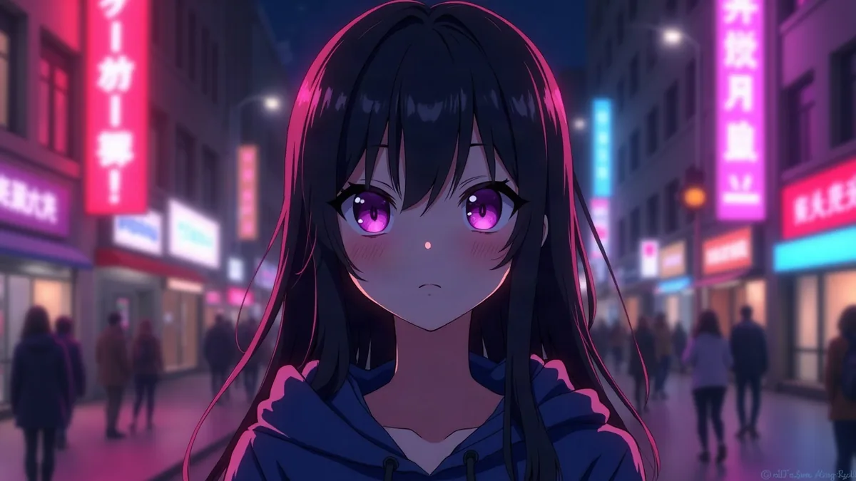 Anime female character with black hair in a hoodie, on a neon street at night (article illustration)