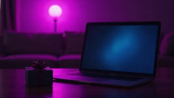 Open laptop in a dark room, next to a small gift box (article illustration)