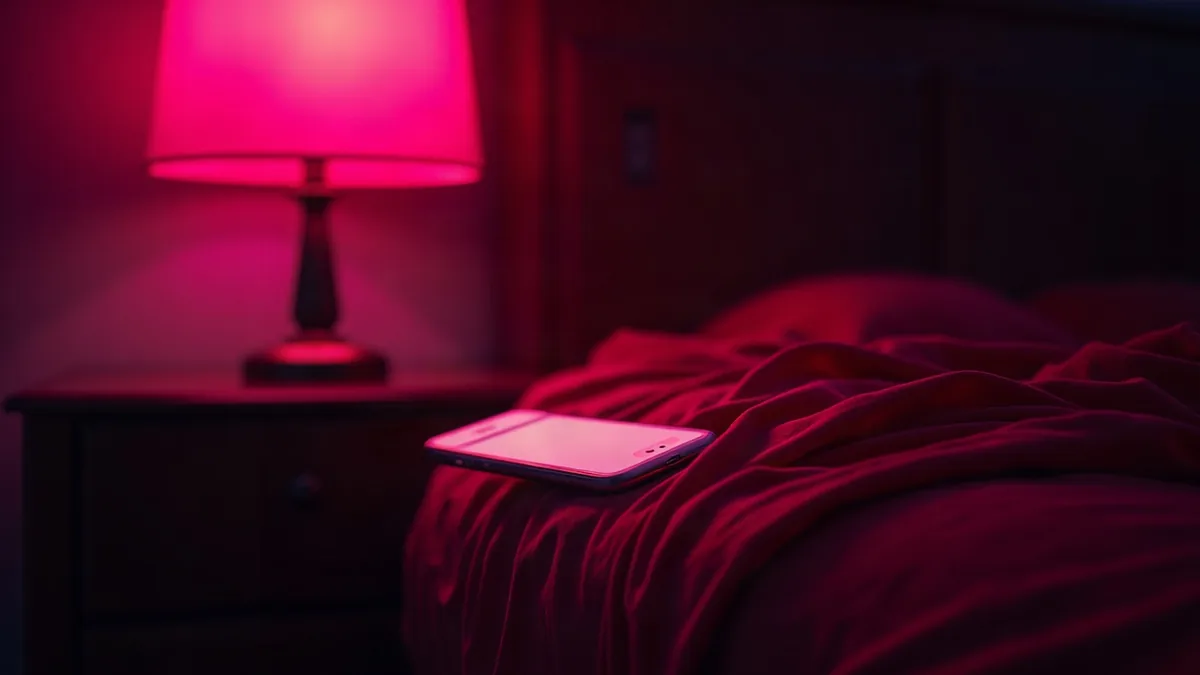 Red silk and a glowing smartphone on a nightstand, magenta light (article illustration)