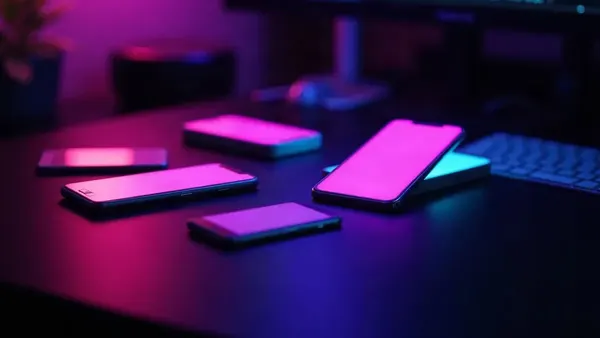 Glowing smartphones fanned out on a dark desk, one highlighted (article illustration)