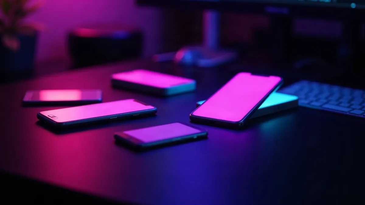 Glowing smartphones fanned out on a dark desk, one highlighted (article illustration)