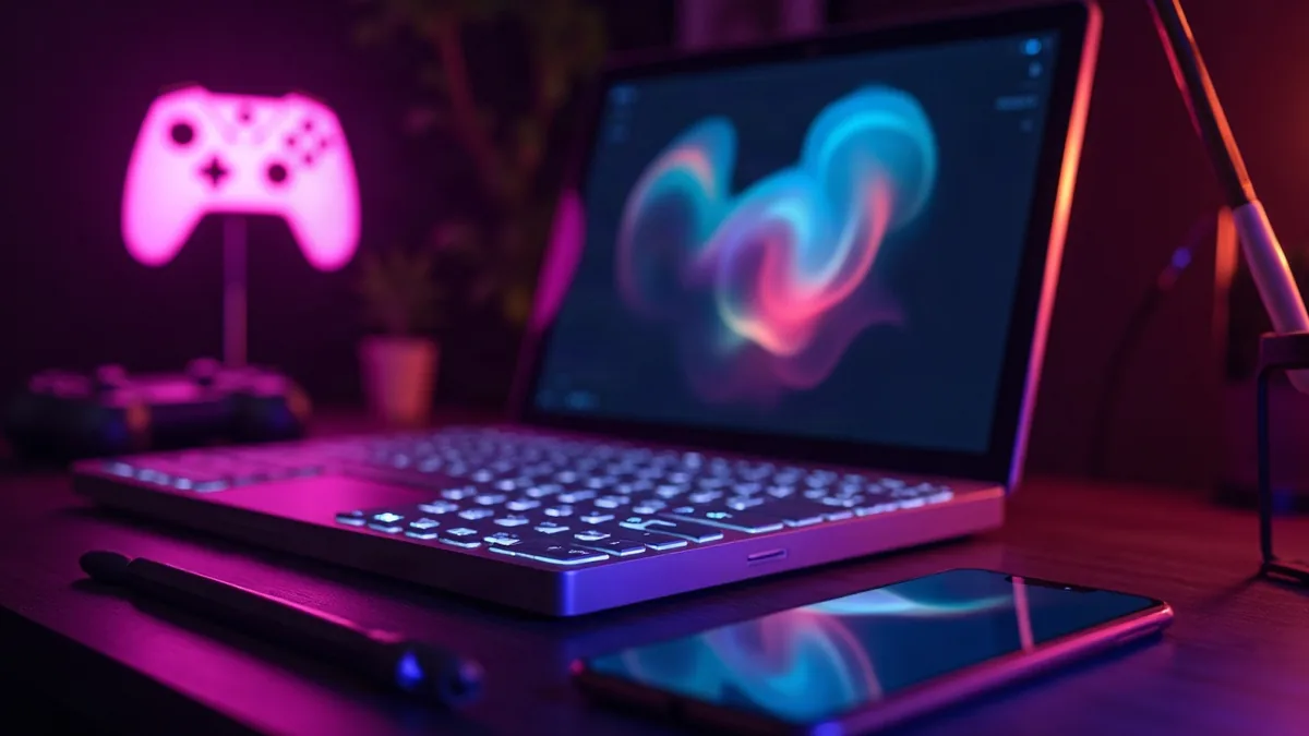 Dark creative desk with a laptop, smartphone, and glowing pink controller (article illustration)