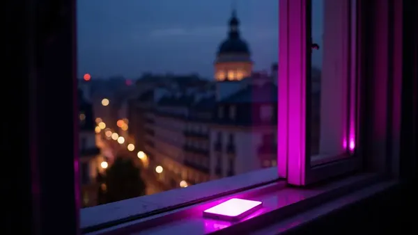 City rooftops at night seen from a window, glowing smartphone on the sill (article illustration)