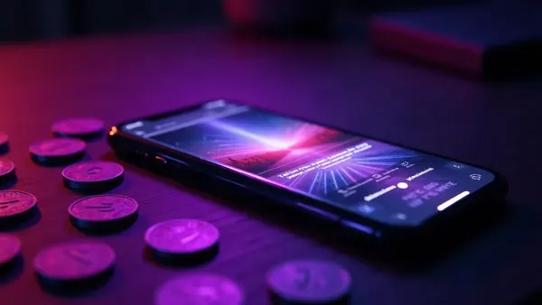 Glowing purple tokens scattered around a smartphone on a dark desk (article illustration)