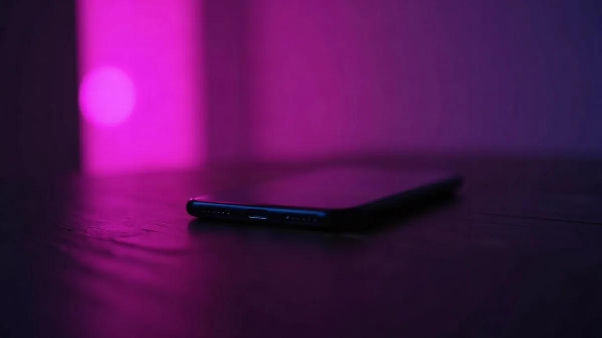 Smartphone on a dark wooden table, surrounded by purple and pink reflections (article illustration)