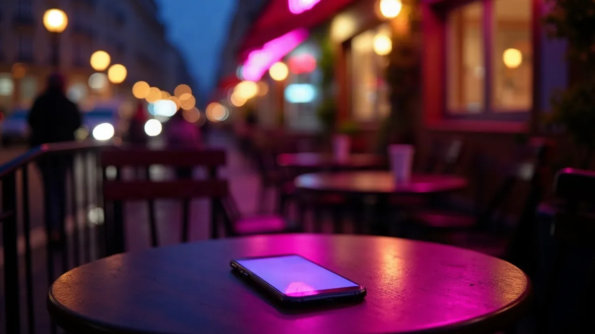 Sidewalk café table at night with a glowing smartphone, blurred streetlights (article illustration)