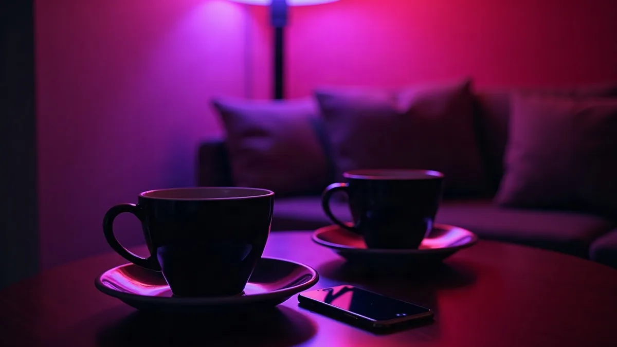 Two coffee cups and two phones on a table, warm purple light (article illustration)