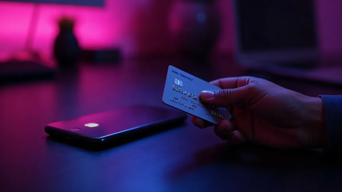 Hand holding a credit card next to a phone, purple light (article illustration)