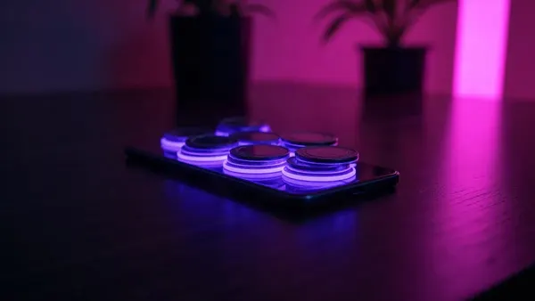 Smartphone and a few glowing purple coins on a dark wooden desk (article illustration)