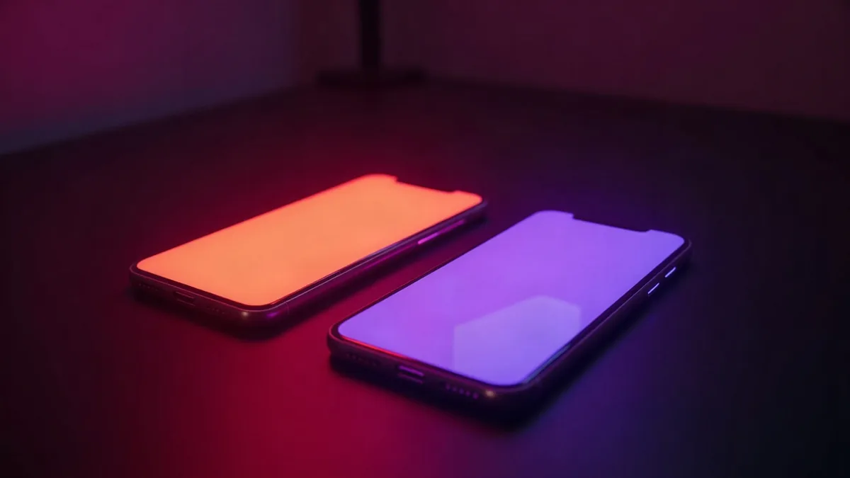 Two smartphones side by side, one orange, the other purple, neon reflections (article illustration)