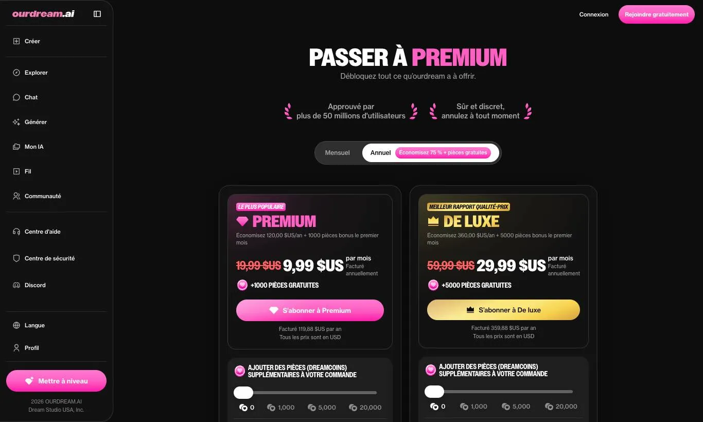 Screenshot of the official OurDream AI subscription page, captured on 09/30/2026