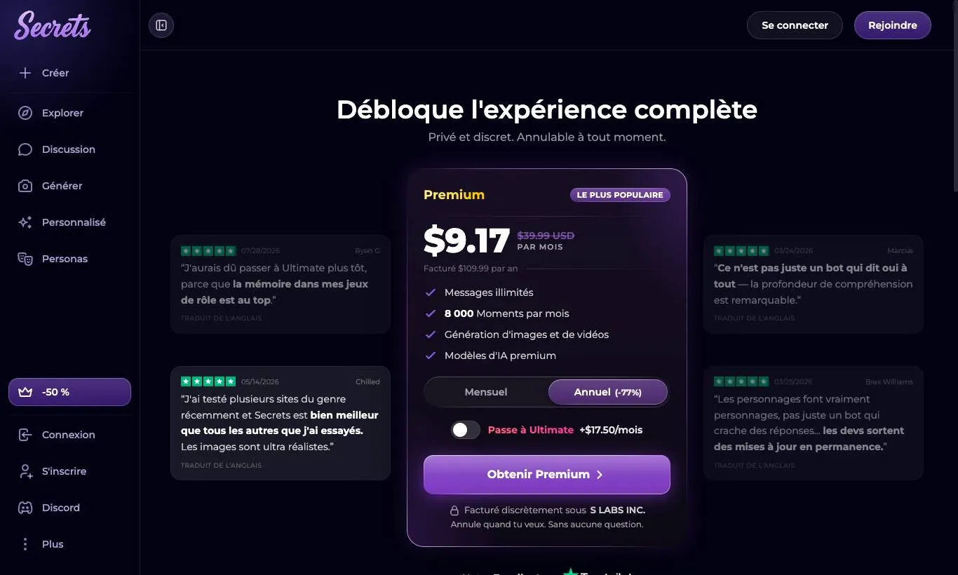 Screenshot of the official Secrets AI subscription page, captured on 09/30/2026